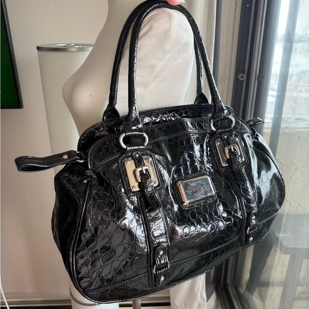 GUESS large vintage Black Croc-Embossed Patent Shoulder Satchel - Picture 5 of 10